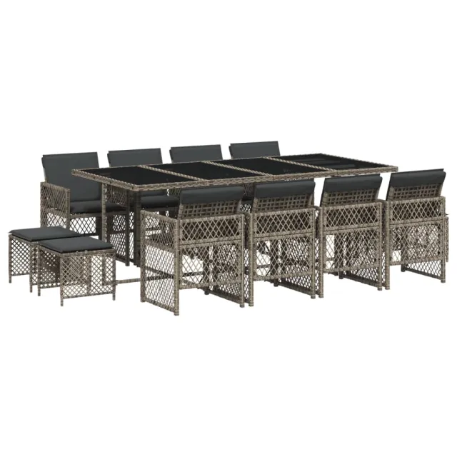 Ensemble à manger de jardin coussins 13 pcs gris résine tressée