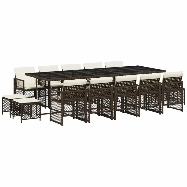 Ensemble à manger de jardin avec coussins 15 pcs marron rotin