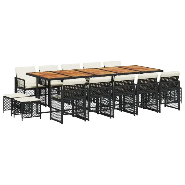 Ensemble à manger de jardin 15 pcs coussins noir résine tressée