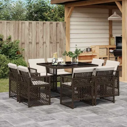 Ensemble à manger de jardin et coussins 9 pcs marron poly rotin