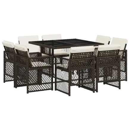 Ensemble à manger de jardin et coussins 9 pcs marron poly rotin 2