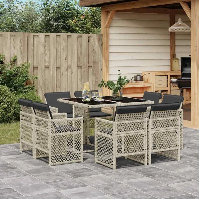 Ensemble à manger de jardin et coussins 9 pcs gris clair rotin