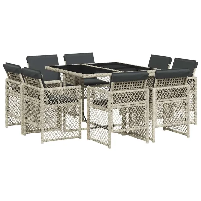 Ensemble à manger de jardin et coussins 9 pcs gris clair rotin