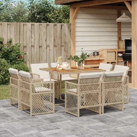 Ensemble à manger de jardin et coussins 9 pcs beige Poly rotin