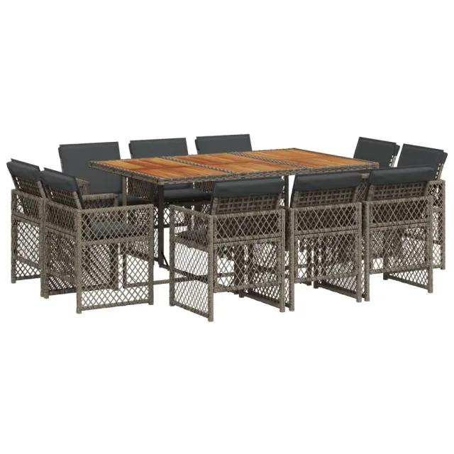 Ensemble à manger de jardin 11pcs avec coussins gris poly rotin