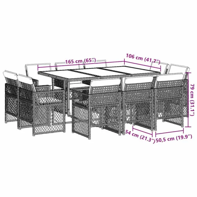 Ensemble à manger de jardin 11 pcs coussins noir résine tressée