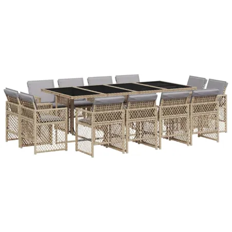 Ensemble à manger de jardin coussins 13 pcs mélange beige rotin