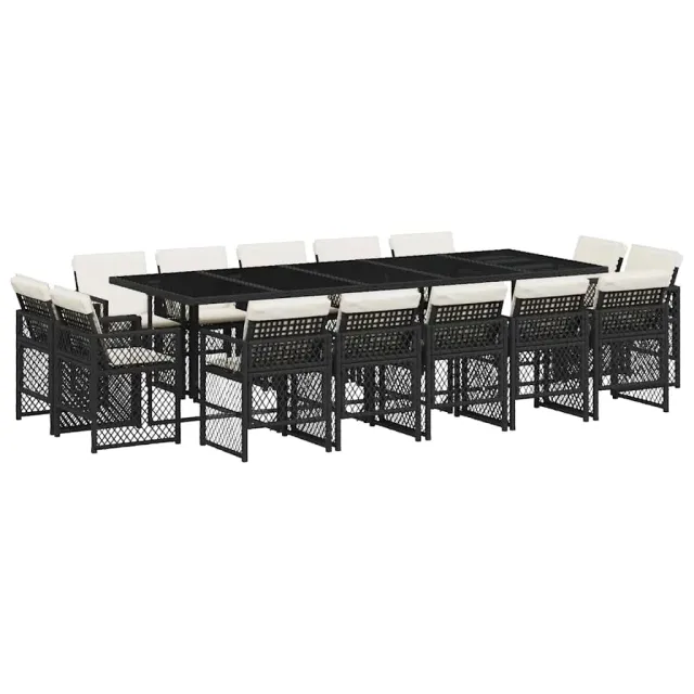 Ensemble à manger de jardin 15 pcs coussins noir résine tressée