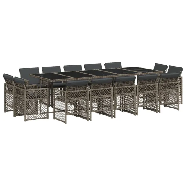 Ensemble à manger de jardin 15 pcs coussins gris résine tressée