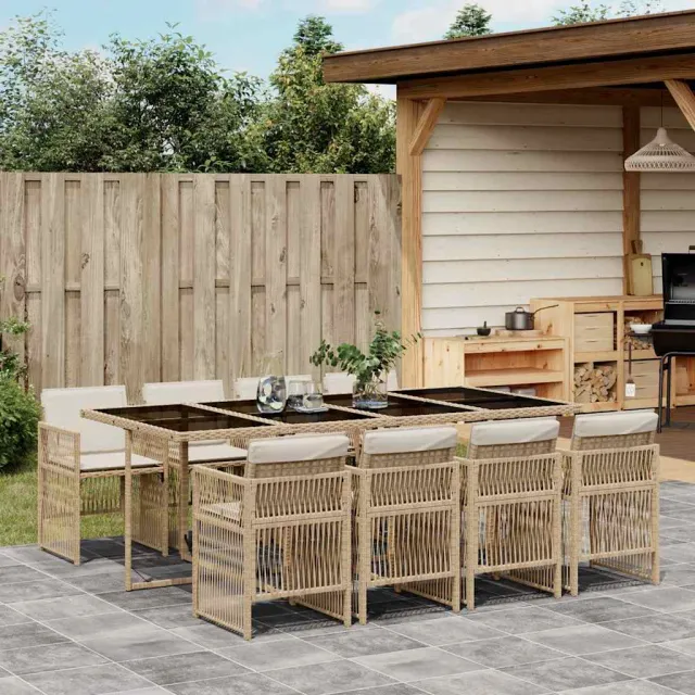 Ensemble à manger de jardin et coussins 9 pcs beige Poly rotin