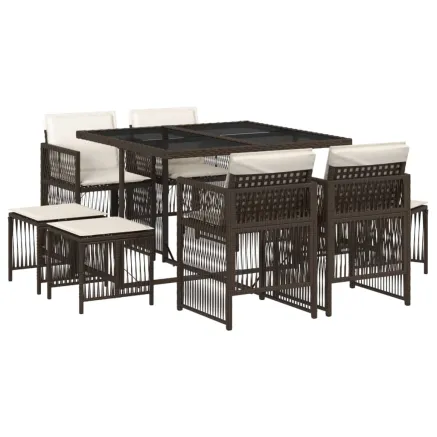 Ensemble à manger de jardin et coussins 9 pcs marron poly rotin 2