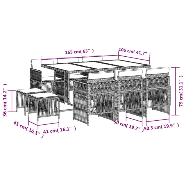 Ensemble à manger de jardin 11pcs avec coussins gris poly rotin