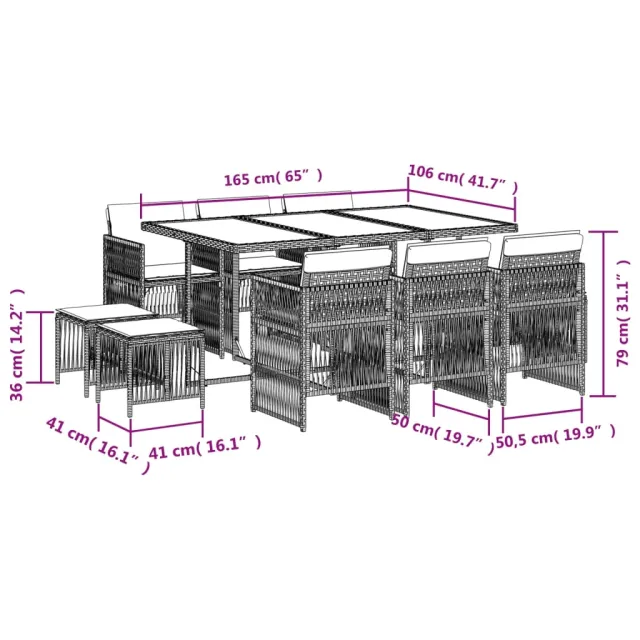 Ensemble à manger de jardin et coussins 11 pcs beige poly rotin