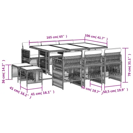 Ensemble à manger de jardin 11 pcs coussins noir résine tressée