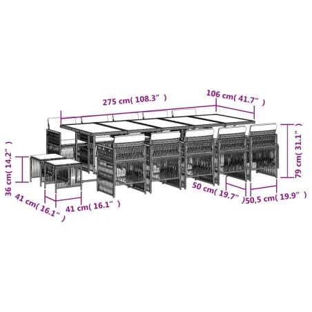 Ensemble à manger de jardin 15 pcs coussins noir résine tressée