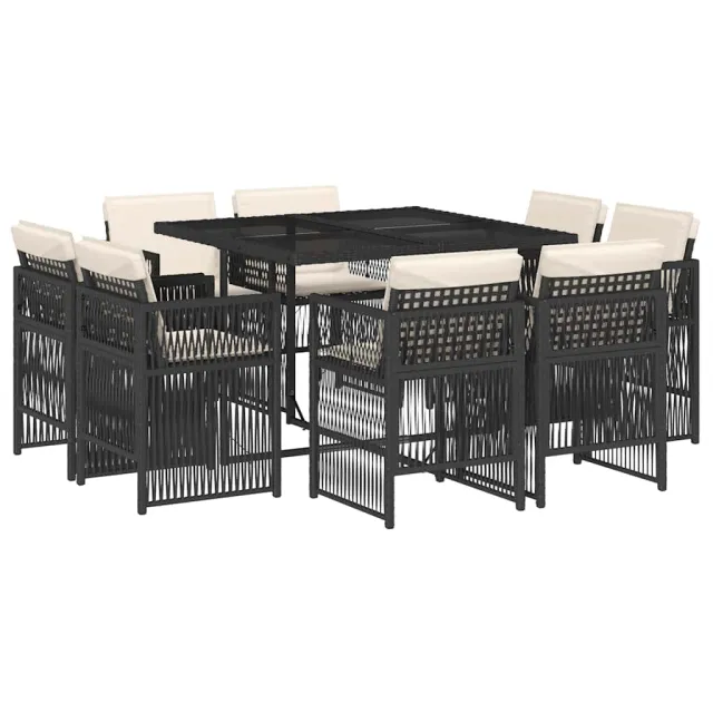 Ensemble à manger de jardin 9pcs coussins noir résine tressée
