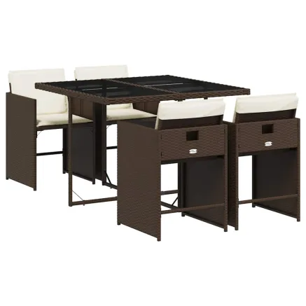 Ensemble à manger de jardin 5 pcs et coussins marron poly rotin 2