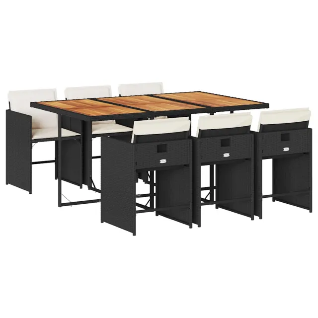 Ensemble à manger de jardin coussins 7pcs Noir Résine tressée