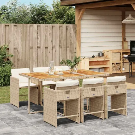 Ensemble à manger de jardin et coussins 7 pcs beige poly rotin