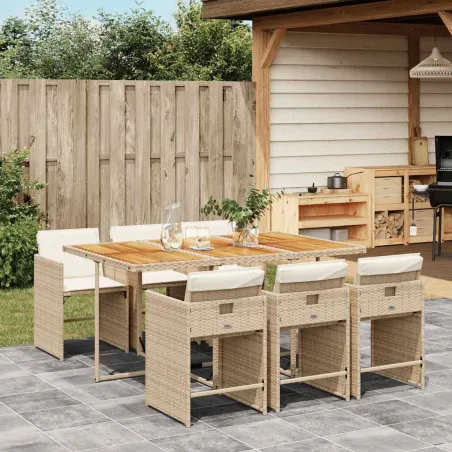 Ensemble à manger de jardin et coussins 7 pcs beige poly rotin