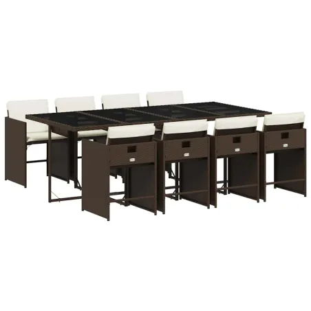 Ensemble à manger de jardin et coussins 9 pcs marron poly rotin