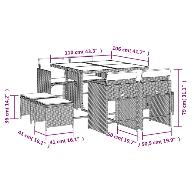 Ensemble à manger de jardin 9pcs coussins noir résine tressée