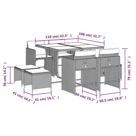 Ensemble à manger de jardin 9pcs coussins noir résine tressée
