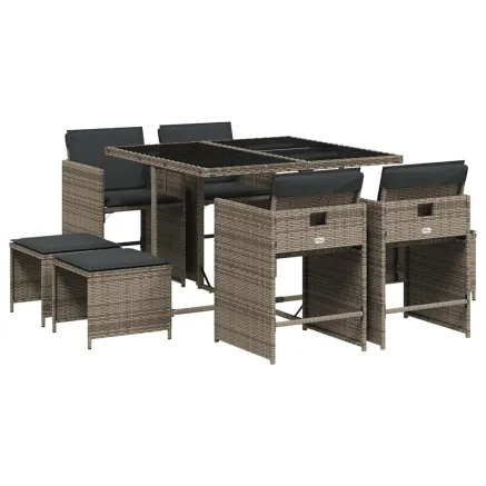 Ensemble à manger de jardin 9 pcs coussins gris résine tressée 2