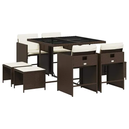 Ensemble à manger de jardin et coussins 9 pcs marron poly rotin 2