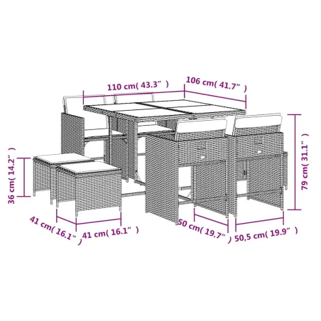 Ensemble à manger de jardin et coussins 9 pcs marron poly rotin