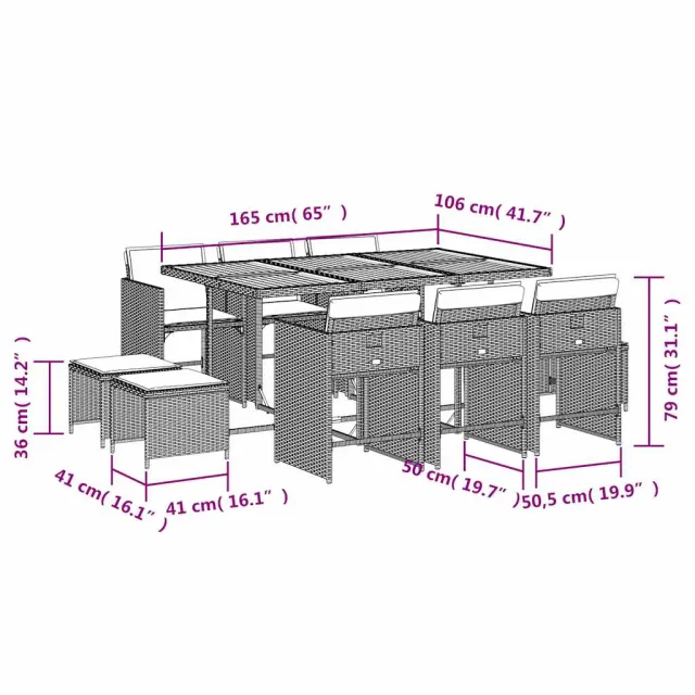 Ensemble à manger de jardin 11pcs avec coussins gris poly rotin