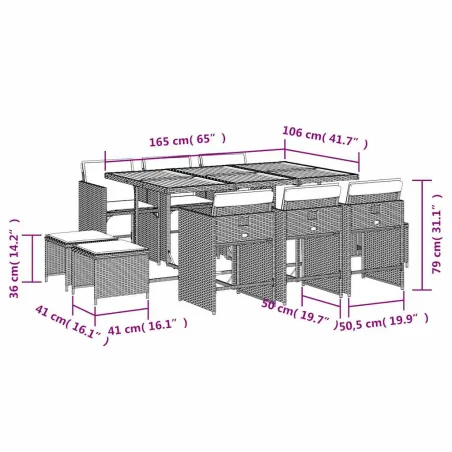 Ensemble à manger de jardin 11pcs avec coussins gris poly rotin