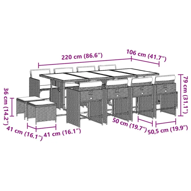 Ensemble à manger de jardin et coussins 13 pcs gris clair rotin