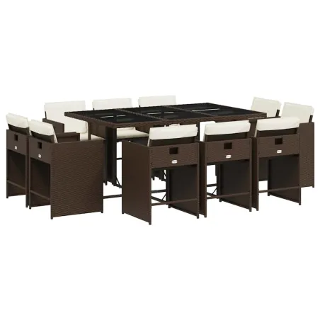 Ensemble à manger de jardin et coussins 11 pcs marron rotin