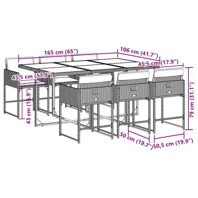Ensemble à manger de jardin et coussins 7 pcs gris rotin