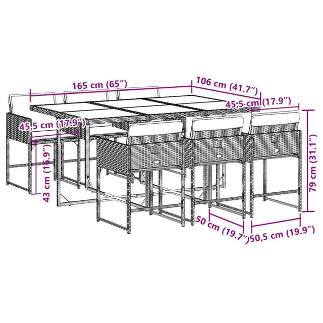 Ensemble à manger de jardin et coussins 7 pcs gris rotin