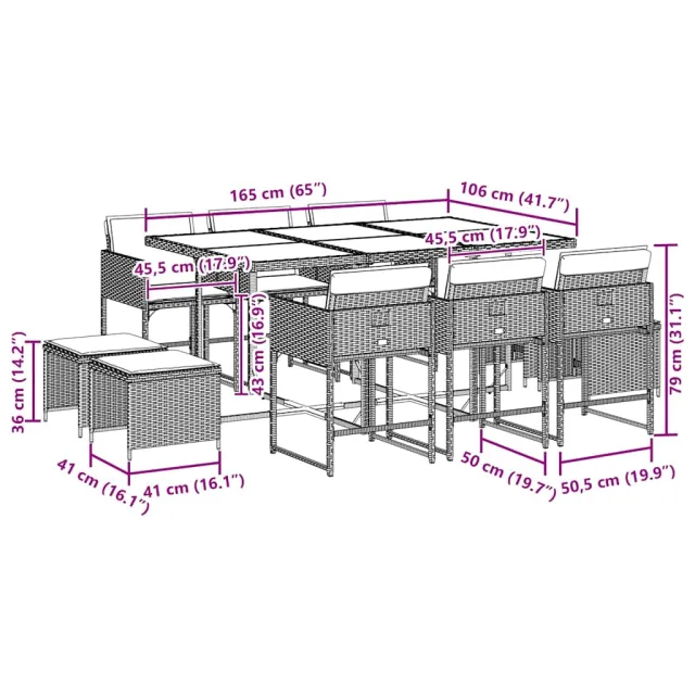 Ensemble à manger de jardin 11pcs avec coussins gris poly rotin