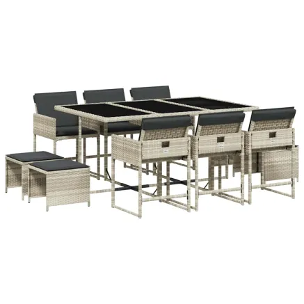 Ensemble à manger de jardin 11pcs avec coussins gris poly rotin 2