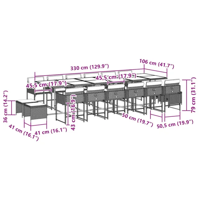 Ensemble à manger de jardin 17 pcs et coussins résine tressée
