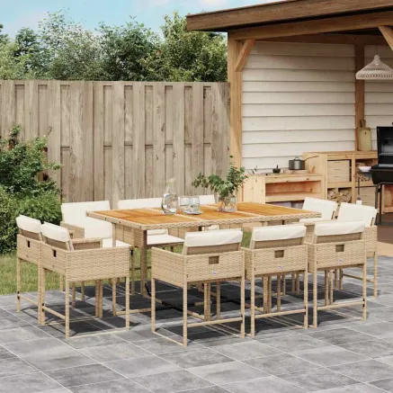 Ensemble à manger de jardin et coussins 11 pcs beige poly rotin