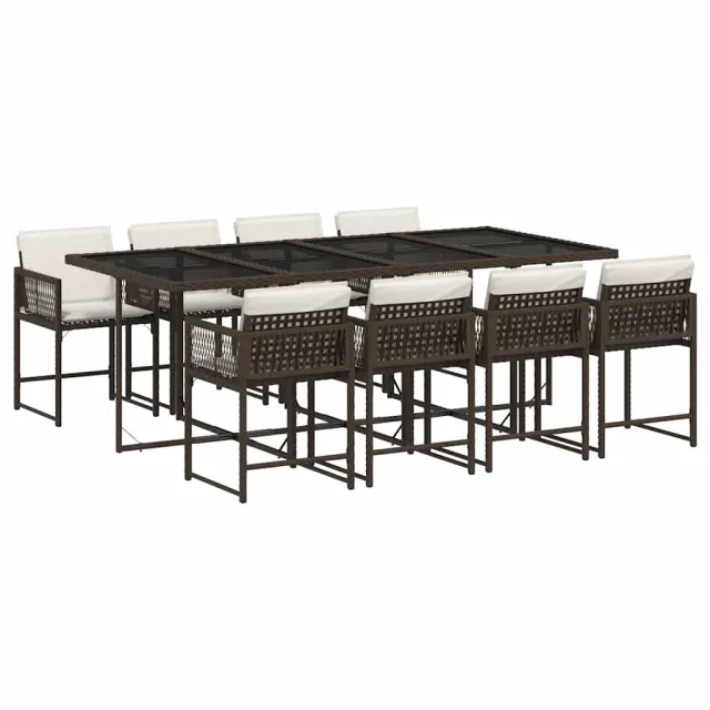 Ensemble à manger de jardin et coussins 9 pcs marron poly rotin