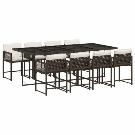 Ensemble à manger de jardin et coussins 9 pcs marron poly rotin
