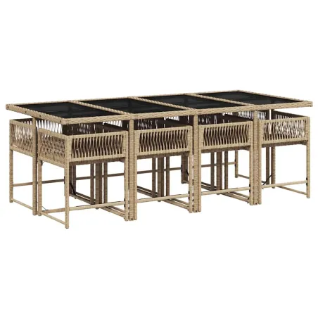 Ensemble à manger de jardin et coussins 9 pcs beige Poly rotin