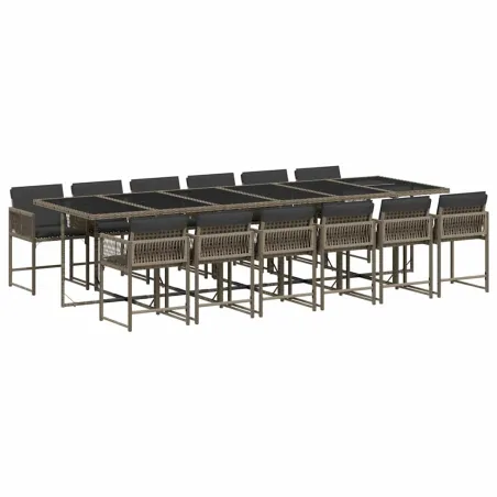 Ensemble à manger de jardin coussins 13 pcs gris résine tressée