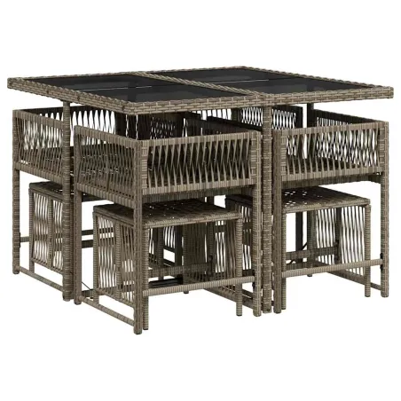 Ensemble à manger de jardin 9 pcs coussins gris résine tressée