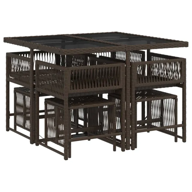 Ensemble à manger de jardin et coussins 9 pcs marron poly rotin