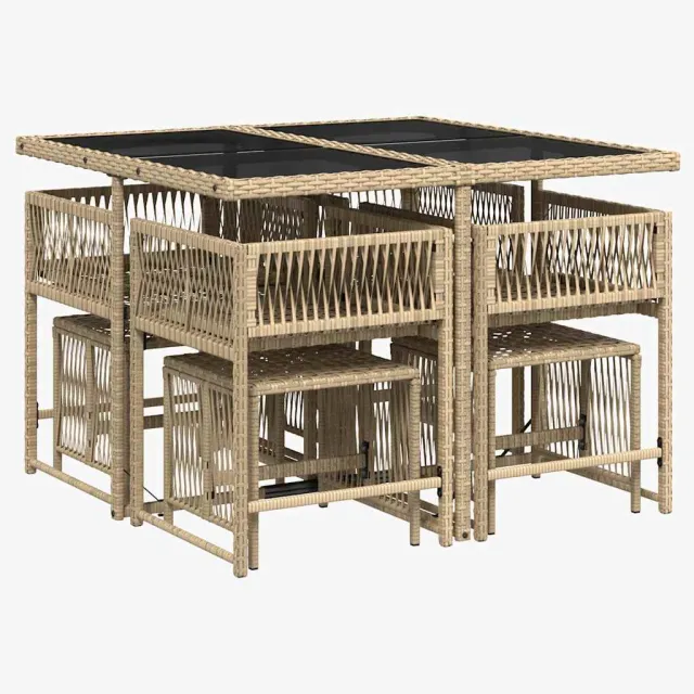 Ensemble à manger de jardin et coussins 9 pcs beige Poly rotin