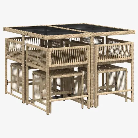 Ensemble à manger de jardin et coussins 9 pcs beige Poly rotin