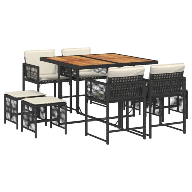 Ensemble à manger de jardin 9pcs coussins noir résine tressée