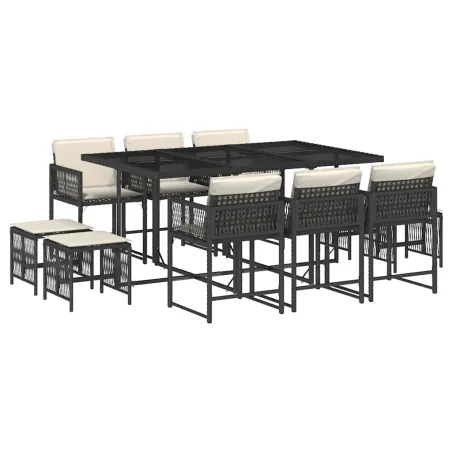 Ensemble à manger de jardin 11 pcs coussins noir résine tressée